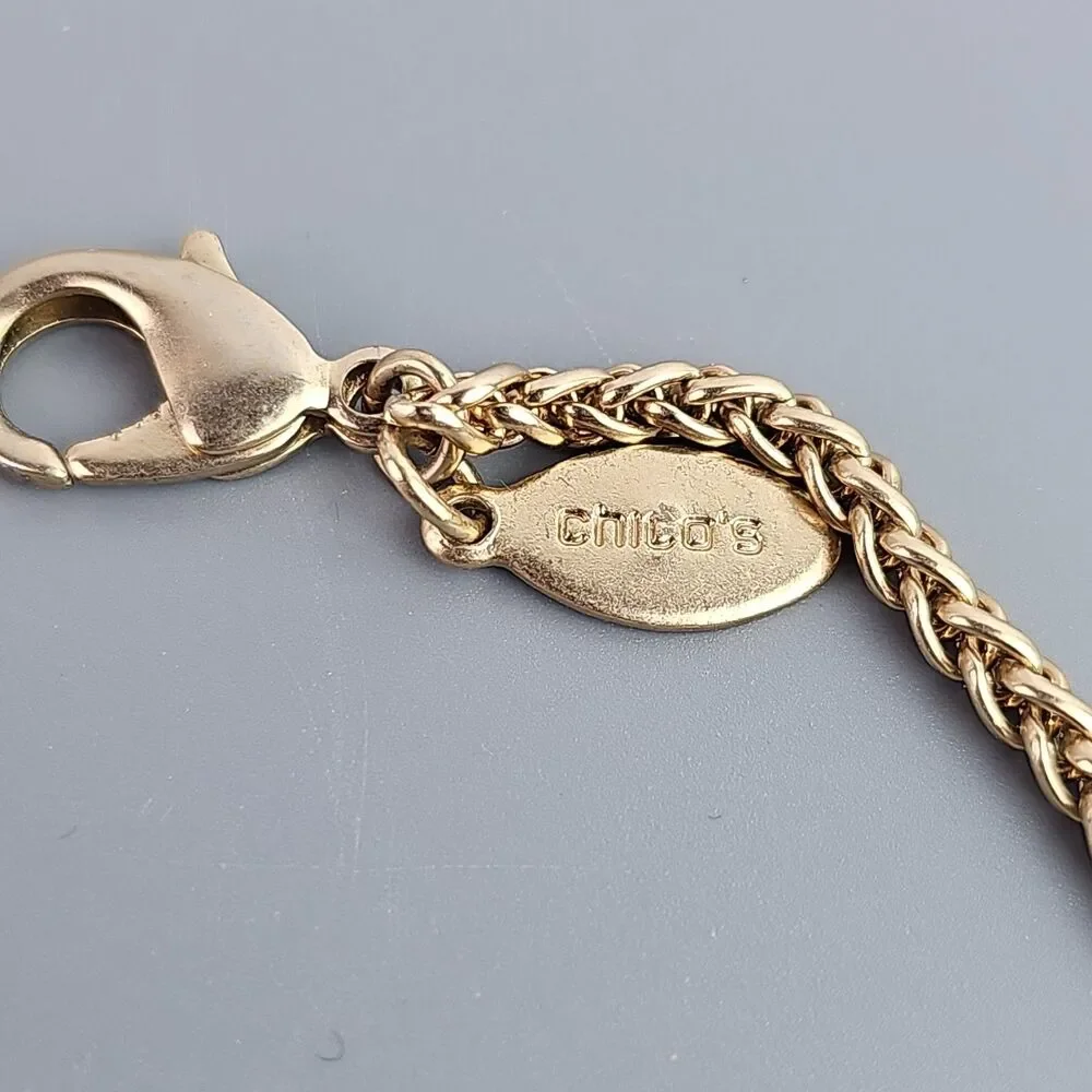 Chicos Gold Tone Necklace Wire Wrapped Oval Shape Pendant 16 in Braided Chain